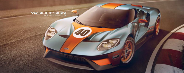 2016 Ford GT rendered in classic Gulf and Martini livery